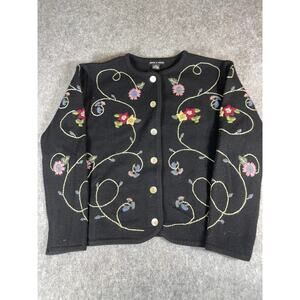 Deane & White Cardigan Womens Large Black Embroidered Floral Wool Sweater Boho